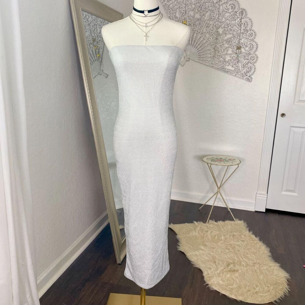 NWT Luvalot Silver Glitter Strapless Bandeau Tight Bodycon Midi Formal Dress S